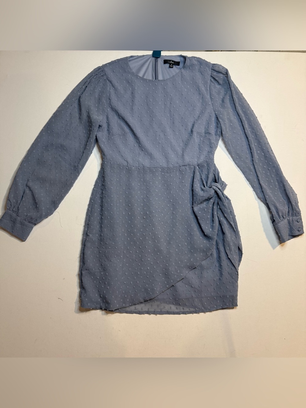 Lulu's Dusty Blue Swiss Dot Long-Sleeve Mini Dress